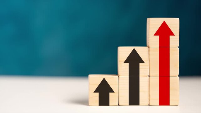 Wooden blocks stacked in a staircase pattern with rising black and red arrows, representing step-by-step business growth, career progression, strategy milestone, and financial success.