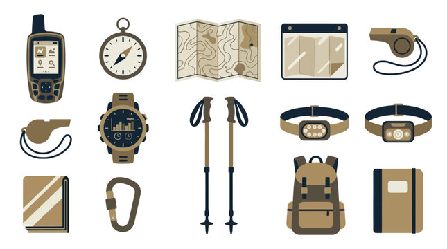 Outdoor hiking equipment collection including compass map camera backpack whistle watch trekking poles GPS headlamp and climbing gear for adventure trips