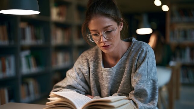 A focused reader is quietly studying in a calm university library setting demonstrating intense concent n and academic pursuit