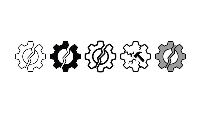 Set of broken gear icons showing mechanical failure and industrial damage
