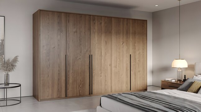 Modern wooden wardrobe in a minimalist bedroom interior design.