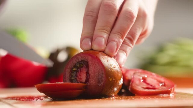 Chop tomato close up, Diced kumato tomatoes on a cutting board for Italian sauce, chef cut tomatoes with knife. 