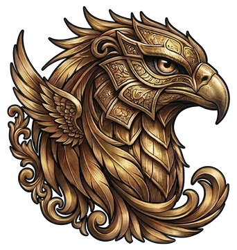 A bronze-sculpted eagle head illustration featuring intricate filigree, ornamental carvings, and elegant, swirling plumage details.