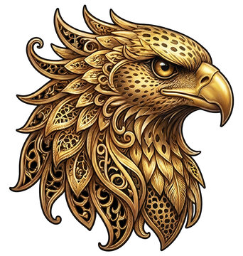 A golden-toned eagle head illustration featuring intricate, lace-like filigree and patterned plumage details.