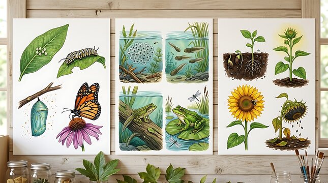 Educational life cycle posters of butterfly frog and sunflower