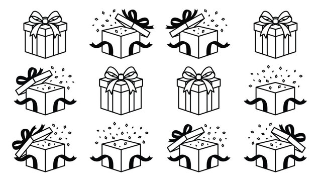 Collection of gift boxes with ribbons and confetti in linear style