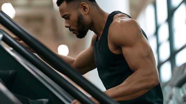 A muscular man intensely using a stair climber hine inside a modern fitness center during a workout session