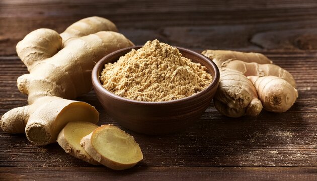 Ginger Root And Ginger Powder Ina Bowl On Wooden Table