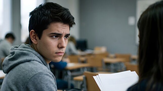 Focused male student looking at classmate during a university lecture