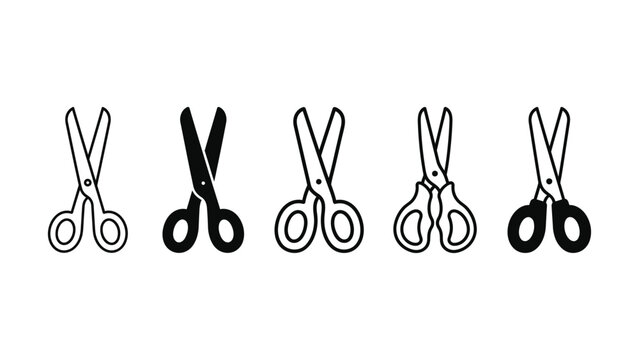 Set of five different scissor icons in flat black style
