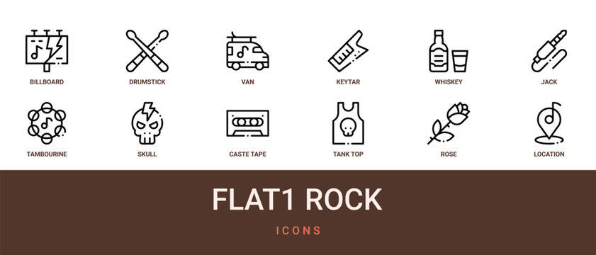 Set of 12 outline web Flat1 Rock icons such as location, rose, tank top, caste tape, skull, tambourine, jack vector icons for report, presentation, diagram, web design, mobile app