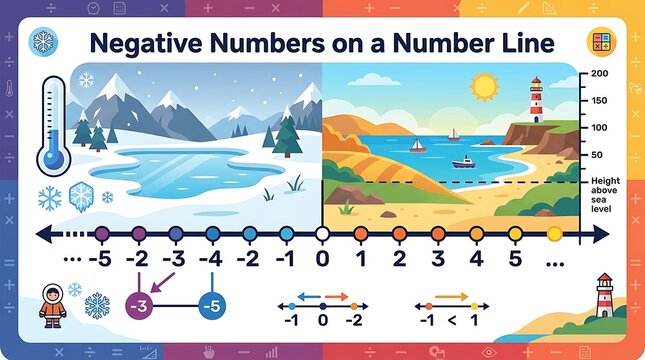 Negative numbers explained on a number line with winter and summer
