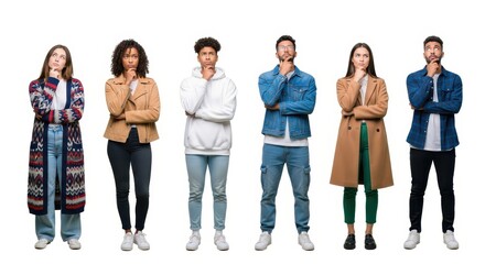 Obraz premium Group of Diverse Young People Thinking and Looking Upwards for Inspiration Isolated on White Background