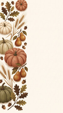 Modern Thanksgiving editorial illustration with elegant pumpkins, pears, dried wheat, oak leaves and acorns arranged only along the left side 