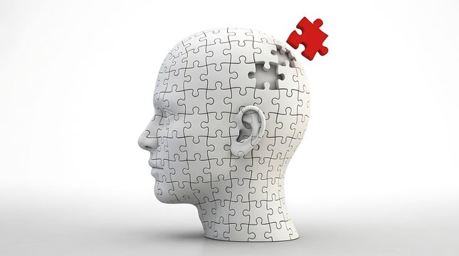 Human head silhouette made of white puzzle pieces with one missing red piece representing mental health awareness and problem solving or cognitive challenge