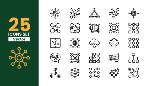 Network icons set vector collection includes connections nodes system flowchart cloud and communication symbols representing technology and data flow management.