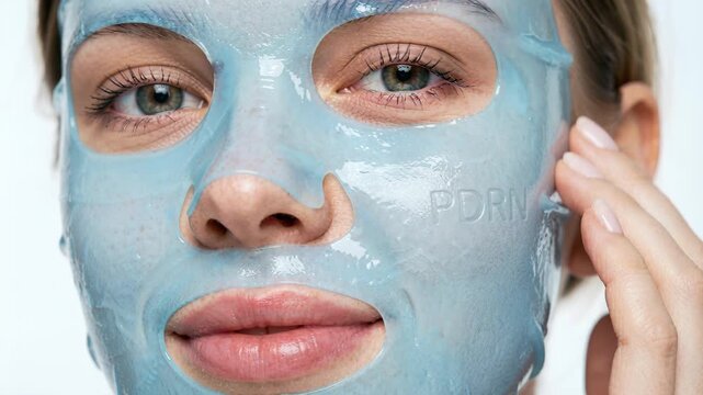 salmon dna facial mask on female face, pdrn skincare procedure, polynucleotide skin booster therapy, hydrogel sheet texture, regenerative cosmetic treatment, facial rejuvenation care routine