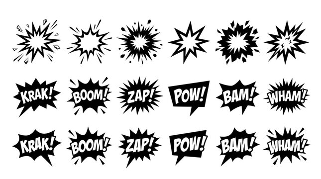 Comic book sound effects set, 18 black and white explosion bubbles with onomatopoeia text, retro pop art speech clouds for graphic design