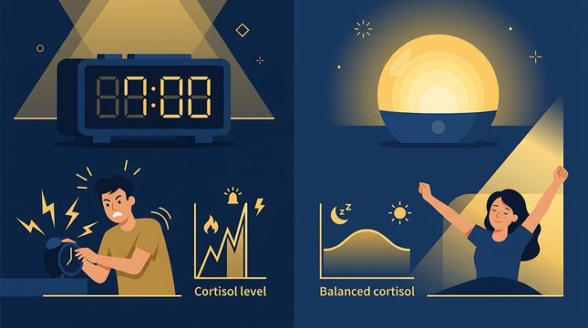 Comparison of stressful alarm and balanced sunrise lamp morning routine