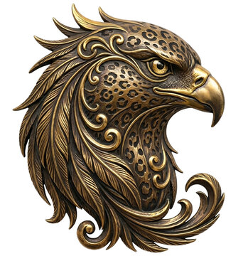 A bronze-toned eagle head illustration featuring intricate leopard-spot patterns and elegant, swirling filigree accents throughout its plumage.