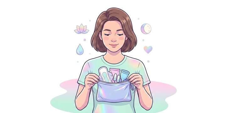 Woman Holding Menstrual Care Pouch with Feminine Hygiene Products &ndash; Vector Illustration