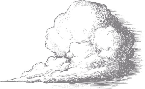 白い背景に孤立した一筋のふわふわした雲のヴィンテージスタイルの白黒彫刻
