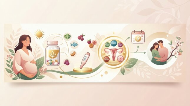 A visual guide shows a pregnant woman surrounded by supplements, vitamins, and health tips related to pregnancy nutrition and maternal wellbeing.