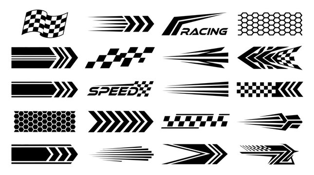 Racing stripes and speed decals collection, 20 black vector sports car stickers, checkered flag and motion line graphics for automotive tuning