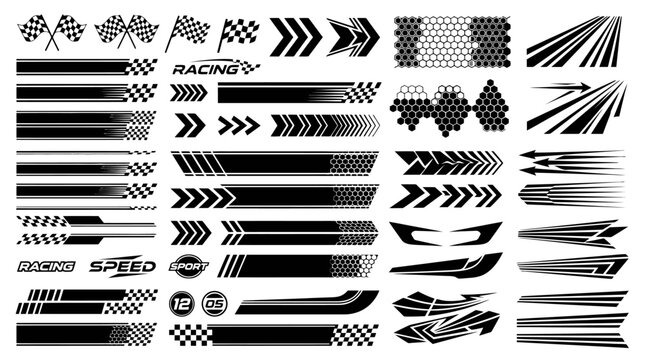 Racing stripes and speed decals set, black checkered flag vinyl stickers for car tuning, automotive sports graphics and aerodynamic vector elements