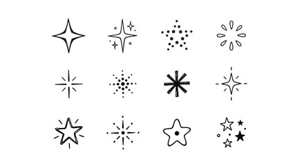 Sparkle star icon set, black line twinkle and glitter symbols, 12 minimalist shining star vector elements for magic and celebration designs © FATEMA