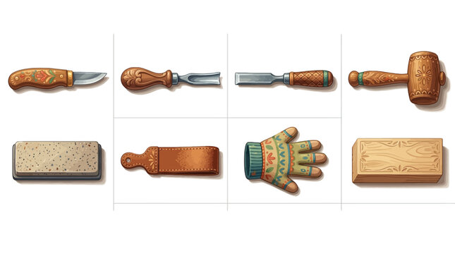 Collection of traditional carving and cutting tools with decorative details for woodworking and craftsmanship, includes hammer, chisel, glove, cutting board, knife, and leather sheath
