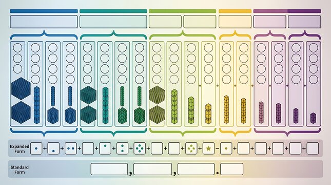 Colorful infographic showing place value with base ten blocks