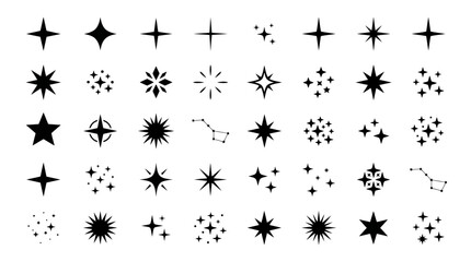 Sparkling star icons set, black twinkle starburst vector elements, 40 magic sparkle and constellation shapes for graphic design © FATEMA