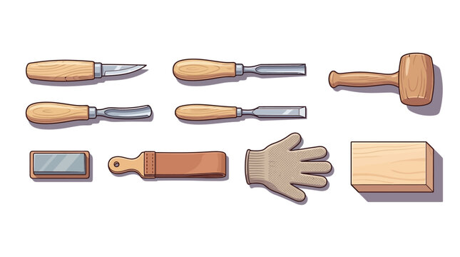 Illustration of woodworking tools including hammers chisels gloves and a saw for carpentry and craftsmanship projects