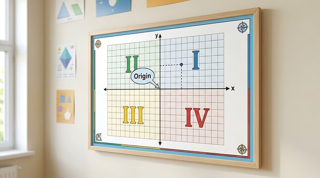 Cartesian coordinate system educational poster with quadrants and origin