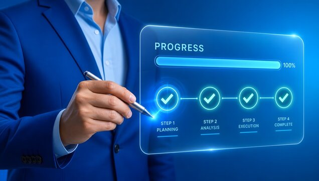 Businessman holding digital interface showing project progress steps from planning to completion with loading bar.