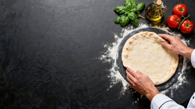 Chef Hands Stretching Pizza Dough on Slate Table