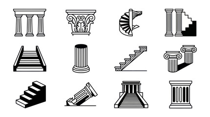 Collection of Ancient Architectural Elements and Staircases in Black and White Outline Illustrations. © Mobil