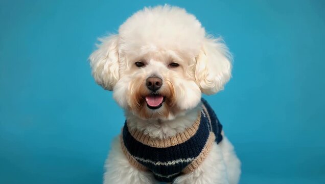 Charming 4K pet fashion video featuring an adorable miniature dog dressed in a tiny knitted winter jacket posing calmly in front of a brilliant azure backdrop to showcase comfortable pet care