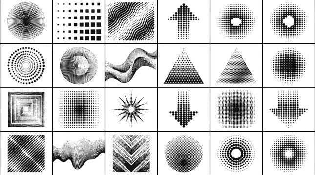 Halftone geometric shapes set, 24 black and white dithered gradient icons, retro pixelated vector elements for y2k aesthetic and digital design