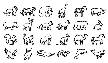 Wild Animal Outline Collection Featuring Tiger Elephant Zebra Bear Fox Deer Bird and Reptile Illustrations © Kolpona