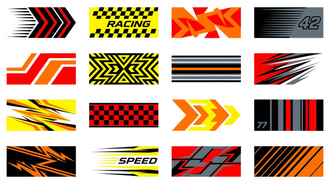 Racing car livery graphics set, 16 dynamic speed decals for vehicle wraps, geometric sports vinyl stickers with checkered flags and stripes