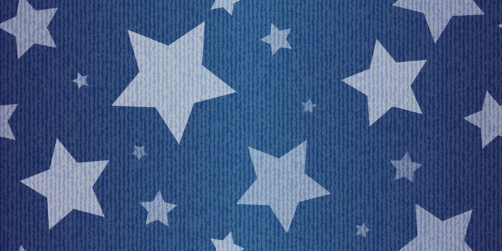 Classic navy blue denim fabric seamless background with big white stars, high resolution textile jeans backdrop