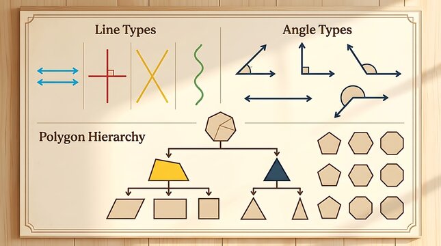 Educational geometry poster showing lines angles and polygon hierarchy