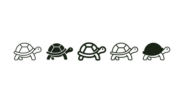 Set of flat vector icons representing various stylized walking turtles