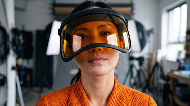 Static shot of woman wearing amber visor helmet holding steady gaze with subtle head tilt in indoor photography studio with window light and neutral focused mood