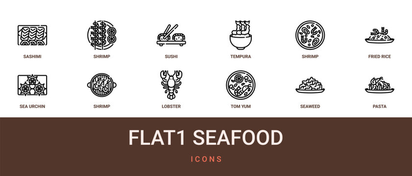 Set of 12 outline web Flat1 Seafood icons such as pasta, seaweed, tom yum goong, lobster, Shrimp, sea urchin, fried rice vector icons for report, presentation, diagram, web design, mobile app
