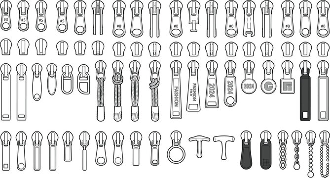 Zipper sliders and pull tabs vector set for fashion apparel tech pack flat sketch
