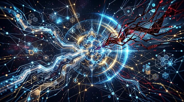 Artificial intelligence core with glowing digital neural networks