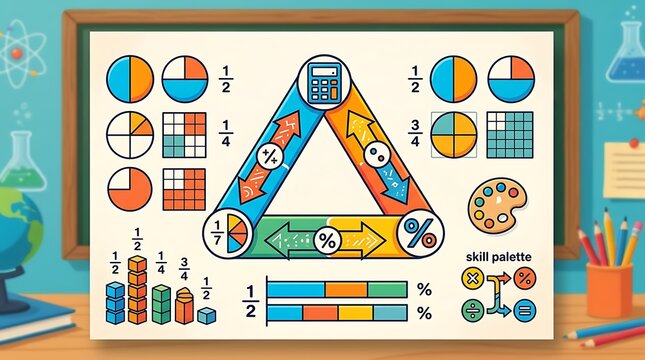 Colorful math chart with fractions and symbols in a classroom setting